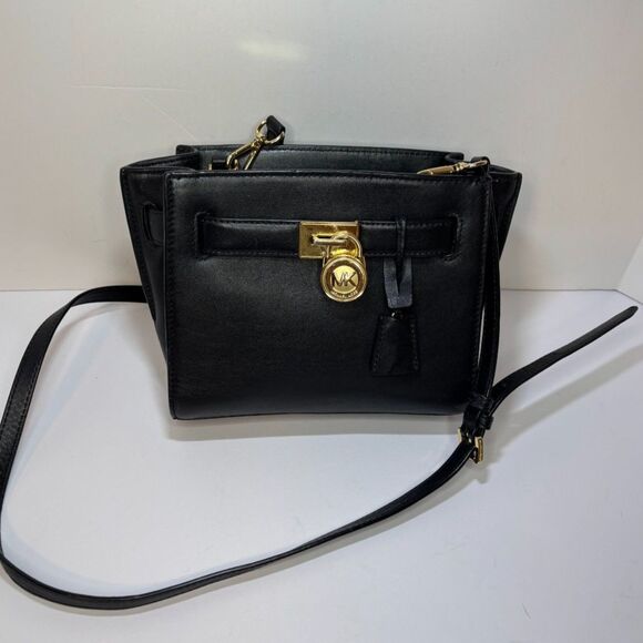 Michael Kors Handbags - Michael Kors Black Leather Satchel Crossbody Bag Gold Lock Womens Designer Purse